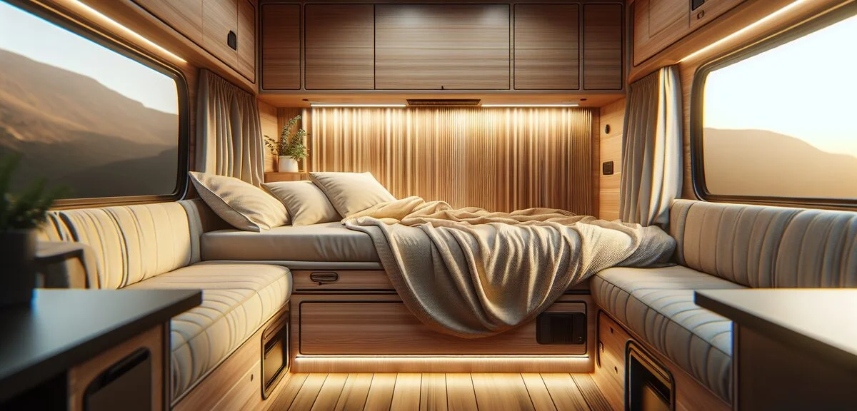 キャンピングカーの広い車内にベッドが展開されている様子、木目調の内装、夕方の柔らかい光、就寝スペースのイメージ、写実的、文字なし