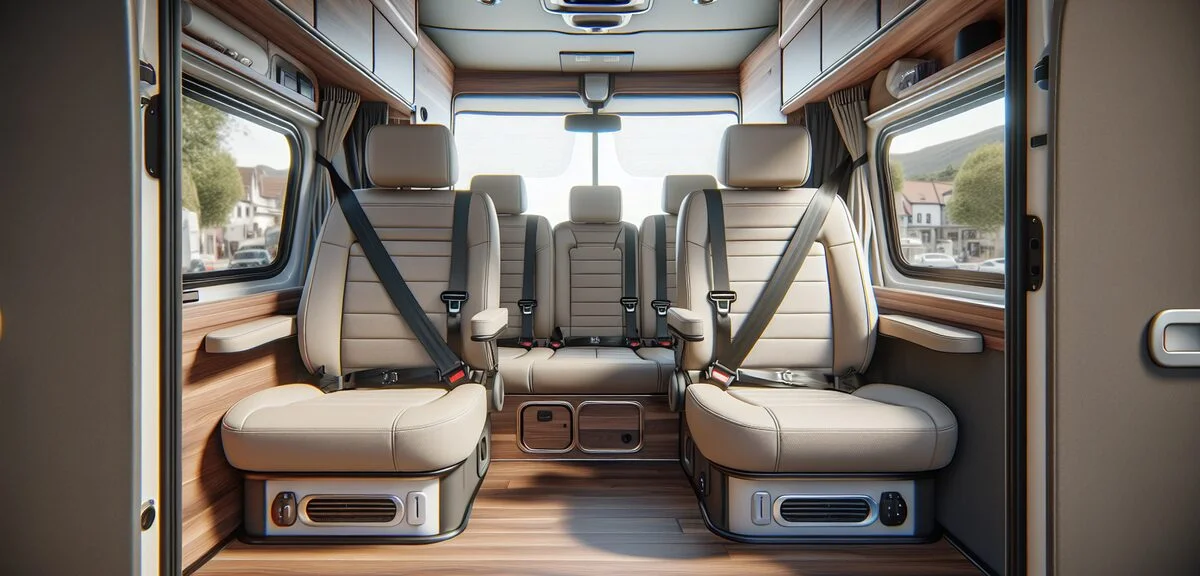 キャンピングカーの対面式ダイネット席、シートベルトが装備されている様子、木目調の内装、写実的、文字なし