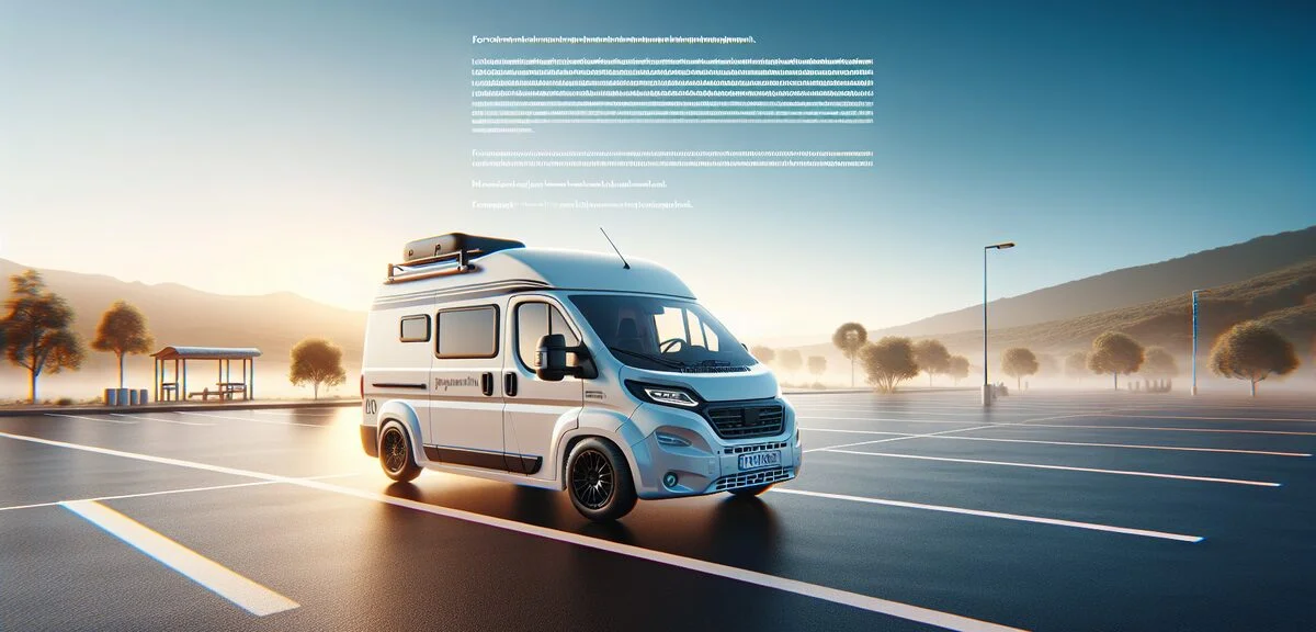 軽キャンピングカーの外観、コンパクトながらおしゃれなデザイン、青空の下、駐車場、写実的、文字なし