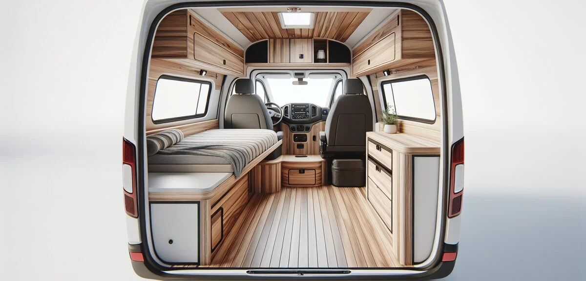 軽キャンピングカーの内装、コンパクトながら機能的な空間、ベッド展開時、木目調、写実的、文字なし