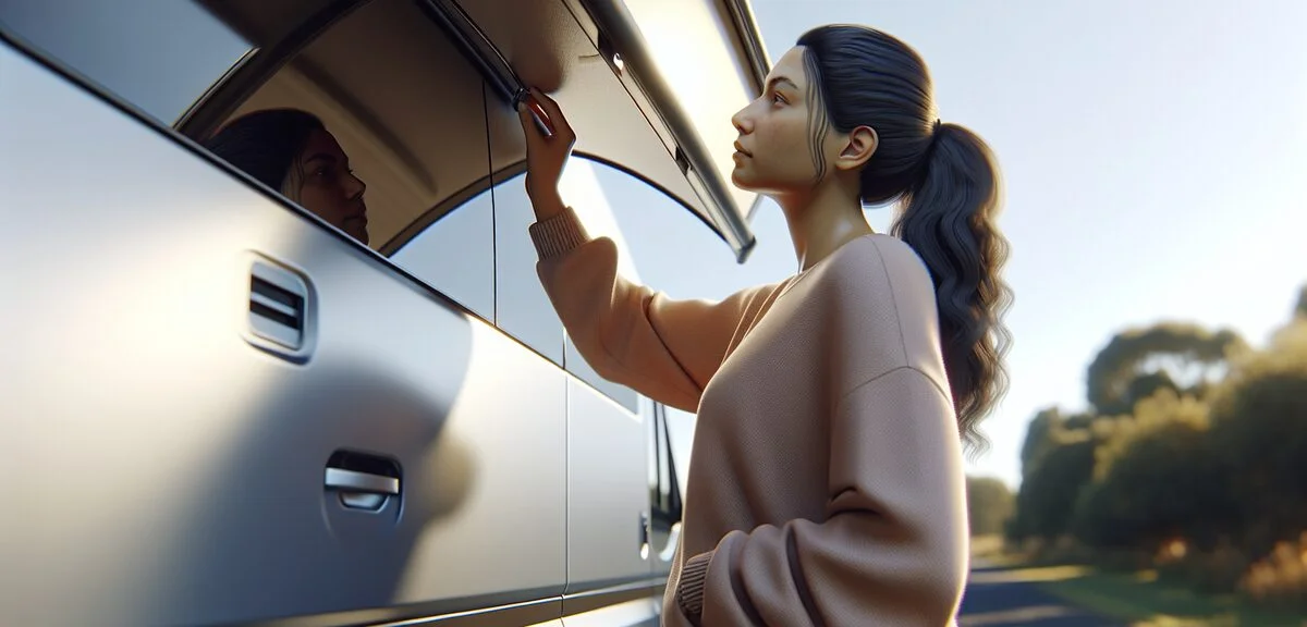 キャンピングカーのシェル部分を点検している様子、天井やサイドを確認、明るい屋外、写実的、文字なし