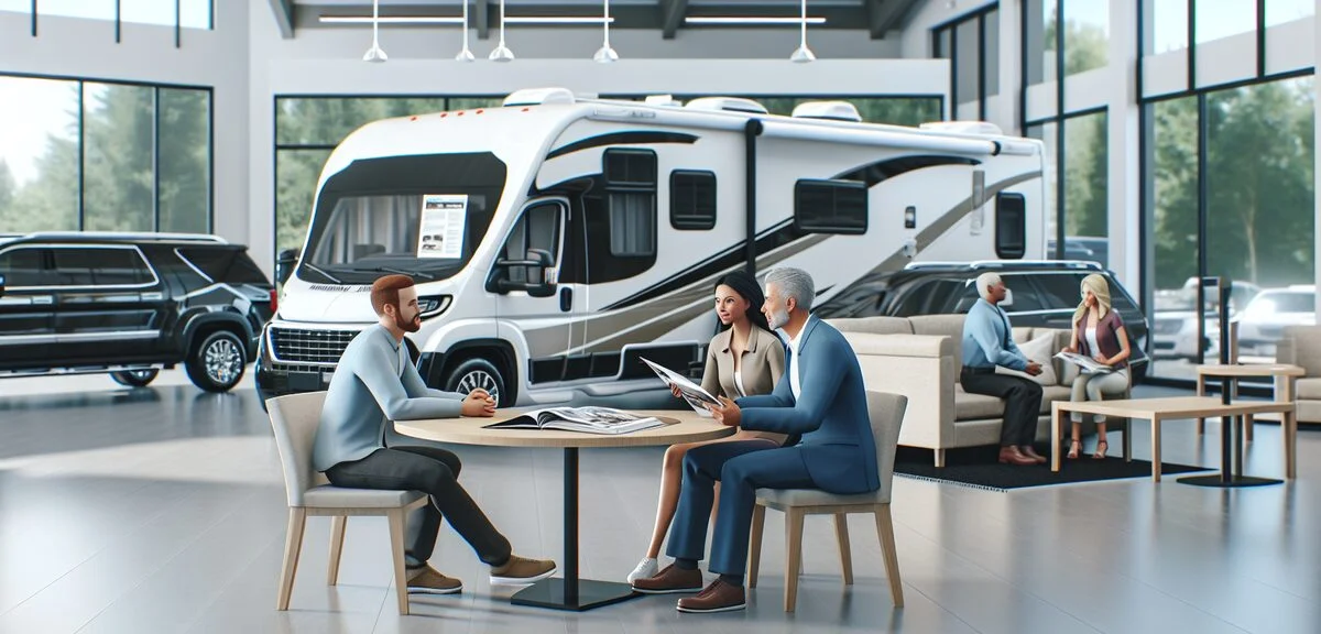 キャンピングカーの商談風景、テーブルでカタログを見ながら話しているスタッフとお客さん、明るいショールーム、写実的、文字なし