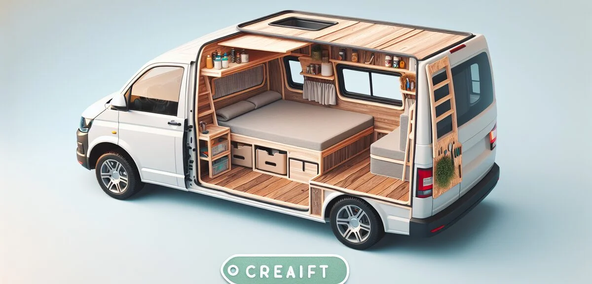 軽バンの車内をDIYで車中泊仕様にした様子、シンプルなベッドキット、木目調の床、コンパクトな収納、写実的、文字なし