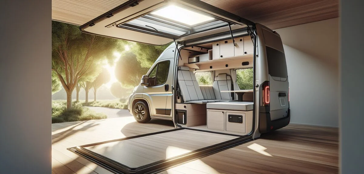 軽キャンピングカーの車内、ポップアップルーフを上げた状態、コンパクトながら機能的な空間、明るい日差し、写実的、文字なし
