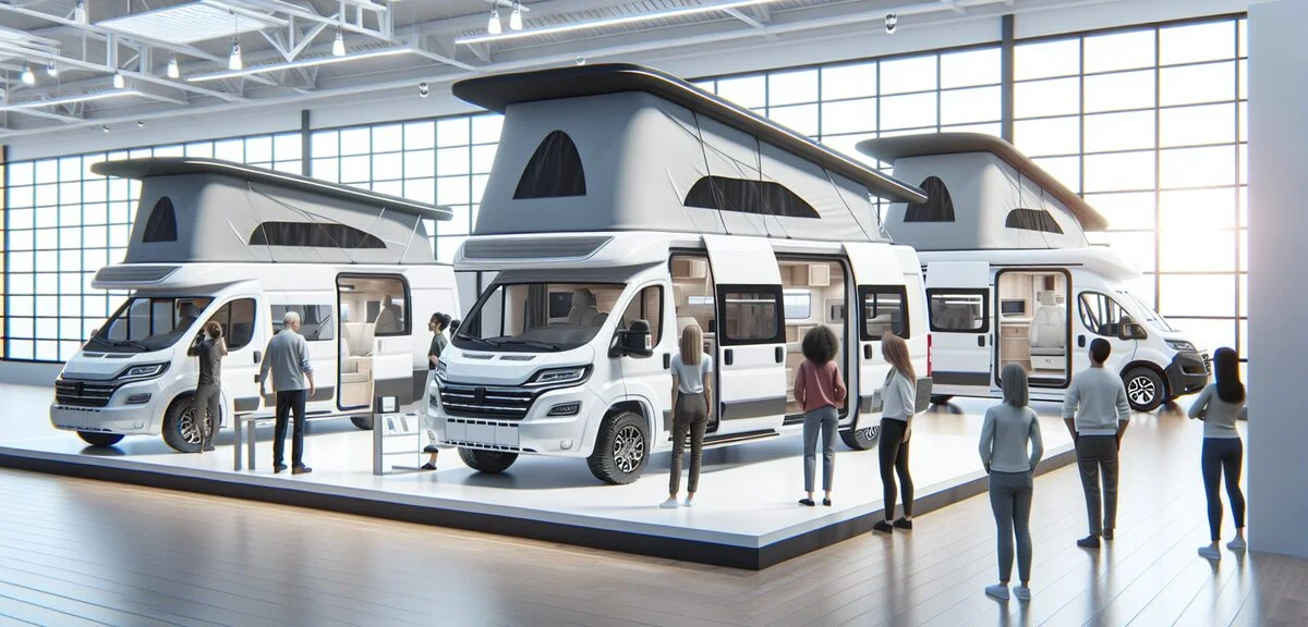 軽キャンピングカーのショールーム、ポップアップルーフを展開した状態、明るい店内、お客さんが内装を確認している、写実的、文字なし