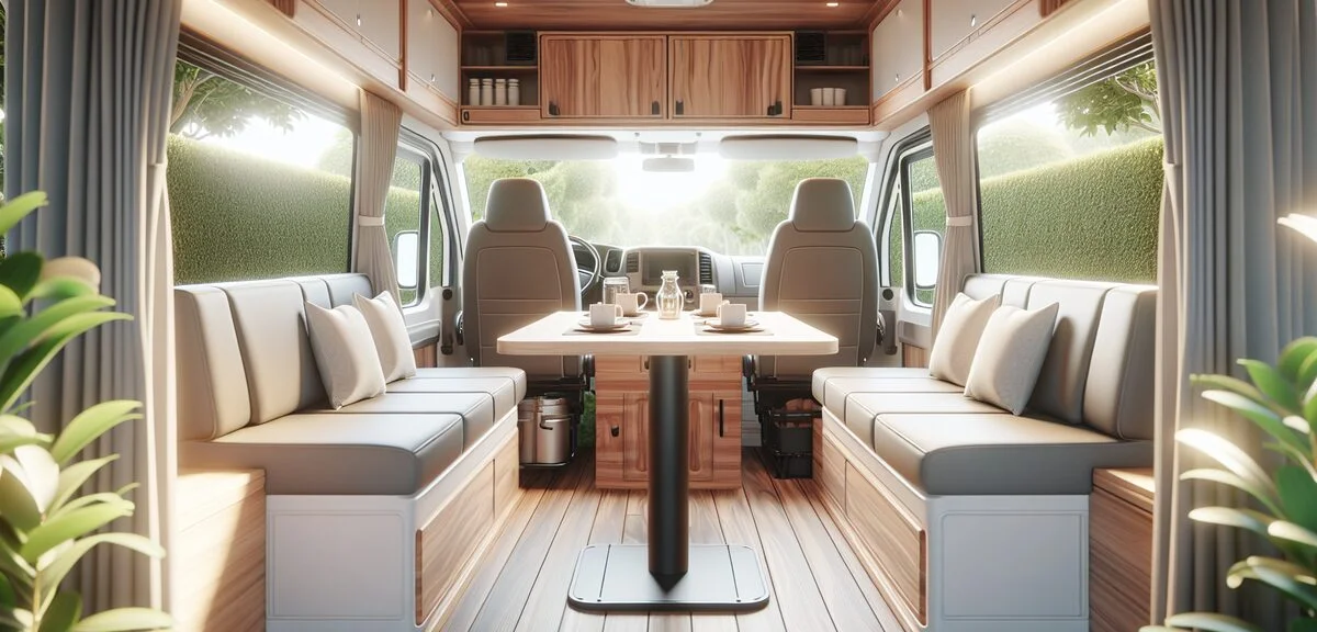 ハイエースベースのバンコン内装、ダイネット展開時、木目調の家具、明るい車内、4人掛けシート、写実的、文字なし