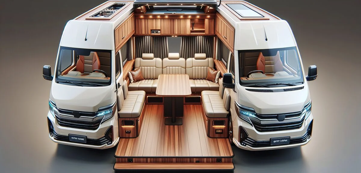 ハイエーススーパーロングベースのバンコン内装、ポップアップルーフ展開時、ダイネット空間、高級感のある木目調、写実的、文字なし