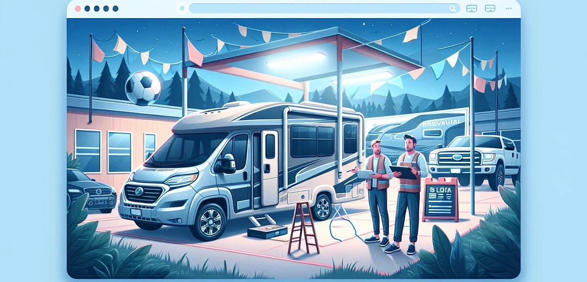 キャンピングカー買取店で査定を受けている様子、スタッフが車両を確認、明るい屋外、写実的、文字なし