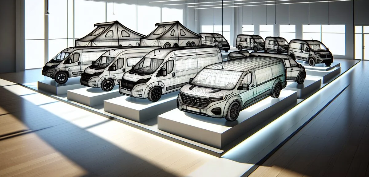 軽キャンピングカーの展示、複数の車種が並んでいる、ポップアップルーフ展開、明るいショールーム、写実的、文字なし