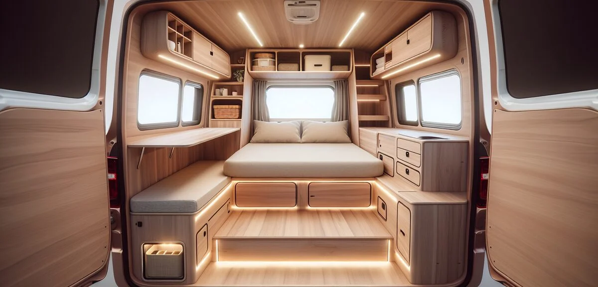 軽キャンピングカーの内装、コンパクトながら機能的なベッド展開、木目調の収納、LED照明、写実的、文字なし