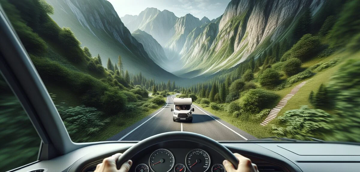 山道を走る軽キャンピングカー、急な坂道、ドライバー視点、緑の山々、写実的、文字なし