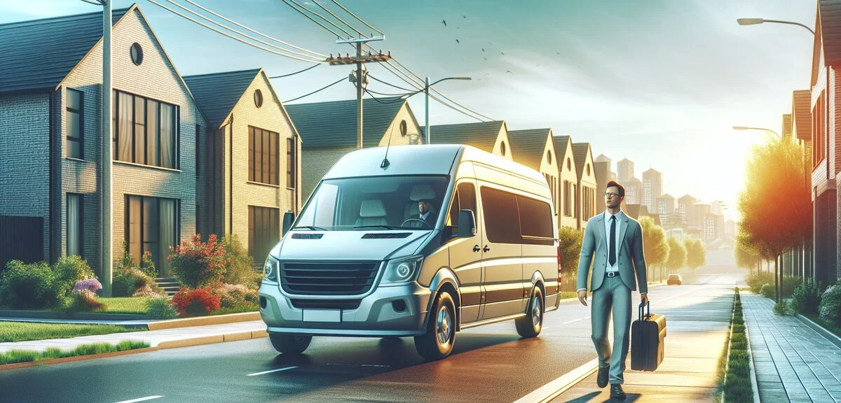 軽キャンピングカーで通勤している様子、朝の住宅街、出勤風景、スーツ姿のドライバー、写実的、文字なし