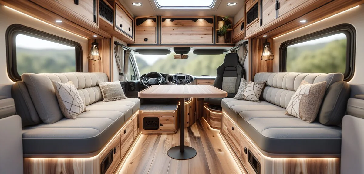 ハイエースキャンピングカーの内装、対面ダイネット、木目調の家具、LED照明、広々とした空間、写実的、文字なし
