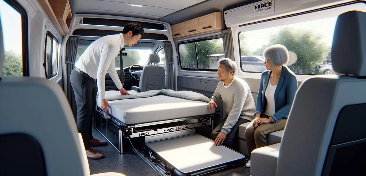 ハイエースキャンピングカーの内装を確認している様子、スタッフがベッドを展開、お客さんが見学、明るい店内、写実的、文字なし