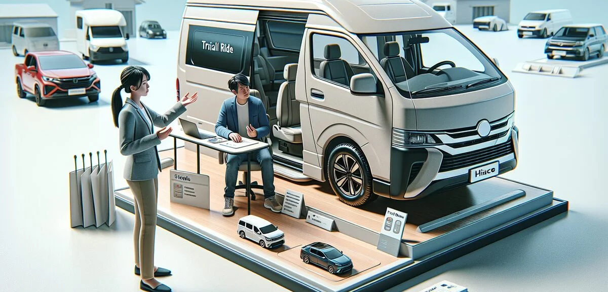 ハイエースキャンピングカーを試乗している様子、お客さんが運転席に座っている、営業スタッフが説明、写実的、文字なし