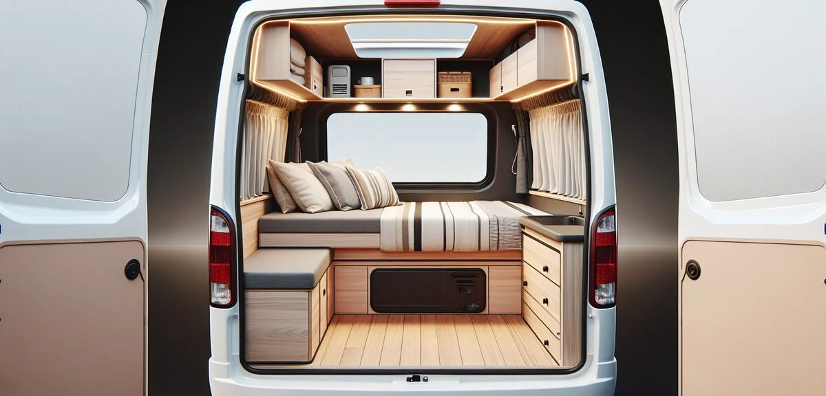 タウンエースキャンピングカーの内装、コンパクトながら機能的なベッド、明るい照明、木目調の家具、写実的、文字なし