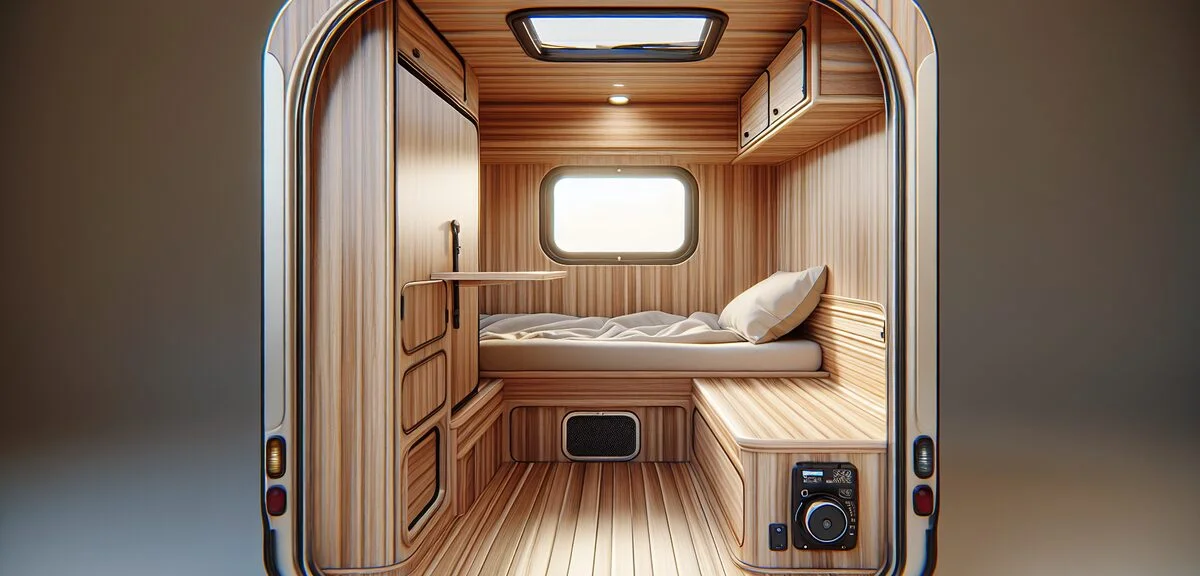 軽トラキャンピングカーのシェル内部、コンパクトなベッドスペース、木目調の内装、小窓から光、写実的、文字なし