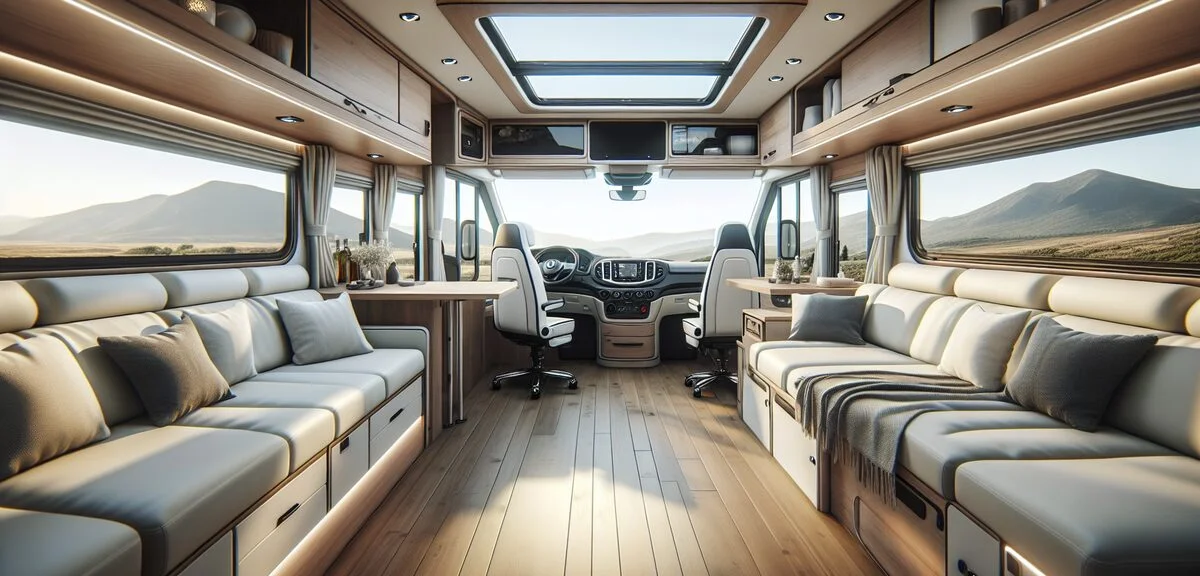 フィアット デュカトキャンピングカーの内装、広々としたリビングスペース、大きな窓、明るい空間、ヨーロッパデザイン、写実的、文字なし