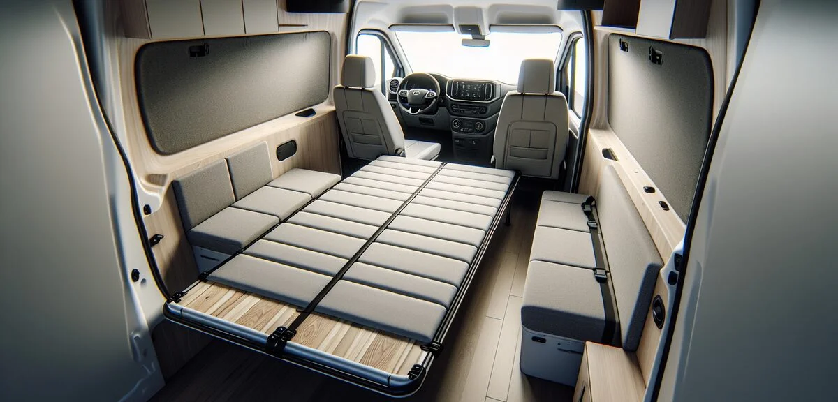 N-VANの車内、フルフラットにしたベッドスペース、マルチボード設置、快適な車中泊仕様、写実的、文字なし