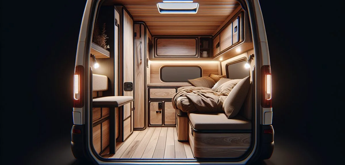 エブリイキャンピングカーの内装、木目調の家具、コンパクトなベッドスペース、LED照明、写実的、文字なし