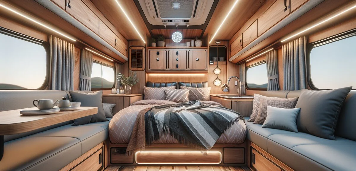 アトレーキャンピングカーの内装、モダンなベッドスペース、木目調の家具、LED照明、写実的、文字なし
