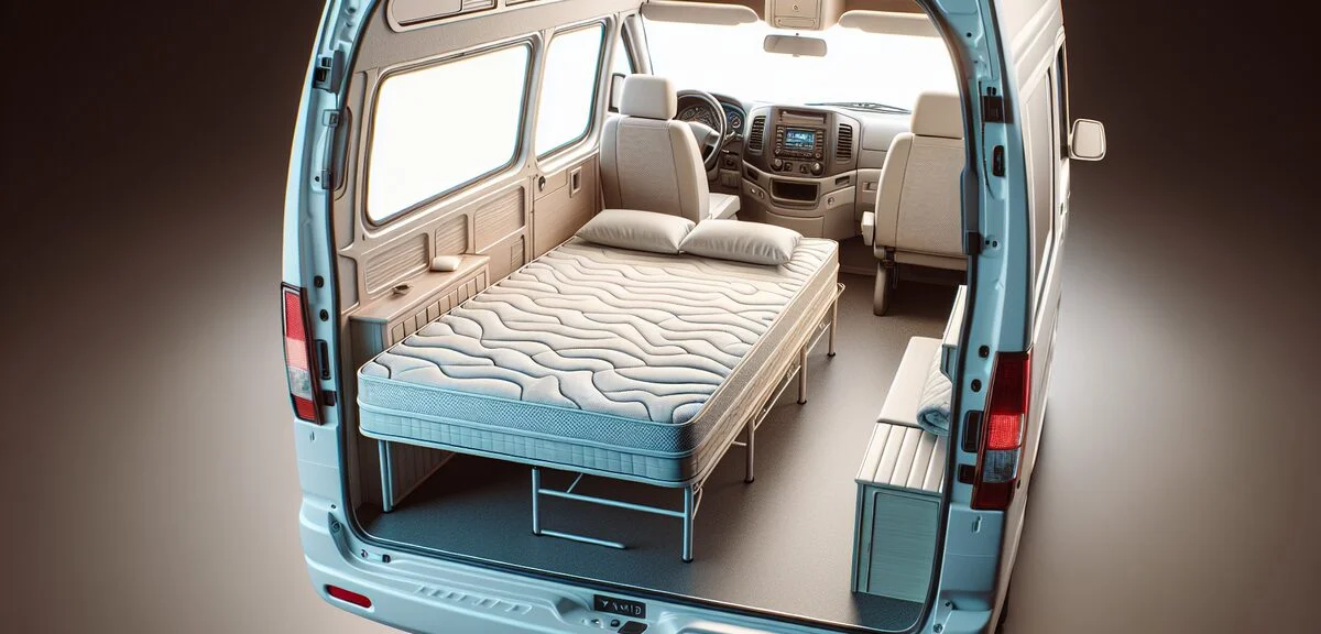 デリカD5の車内、フラットなベッドスペースを作った状態、マットレス設置、車中泊仕様、写実的、文字なし