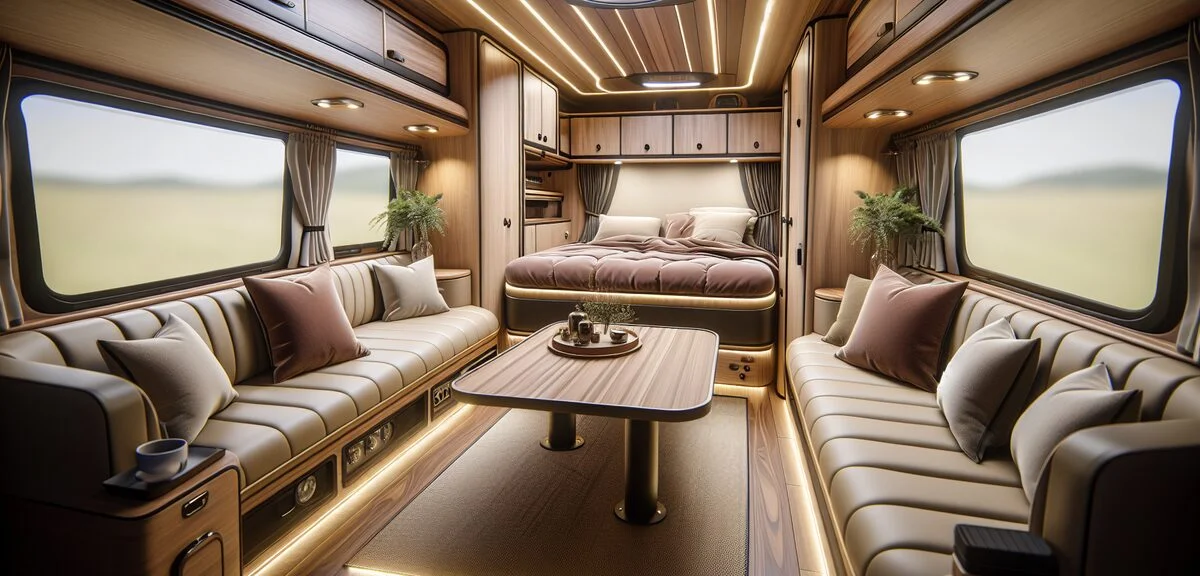 アルファードキャンピングカーの車内、フルフラットベッド、ウッド調の家具、間接照明、高級感のある内装、写実的、文字なし