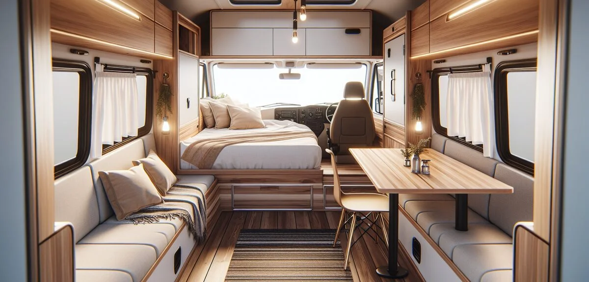 ステップワゴンキャンピングカーの車内、フルフラットベッド、ウッド調の内装、対面対座のダイニング、写実的、文字なし