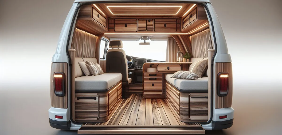 バンコンキャンピングカーの車内、対面ダイネット、ベッド展開、木目調の内装、快適な空間、写実的、文字なし