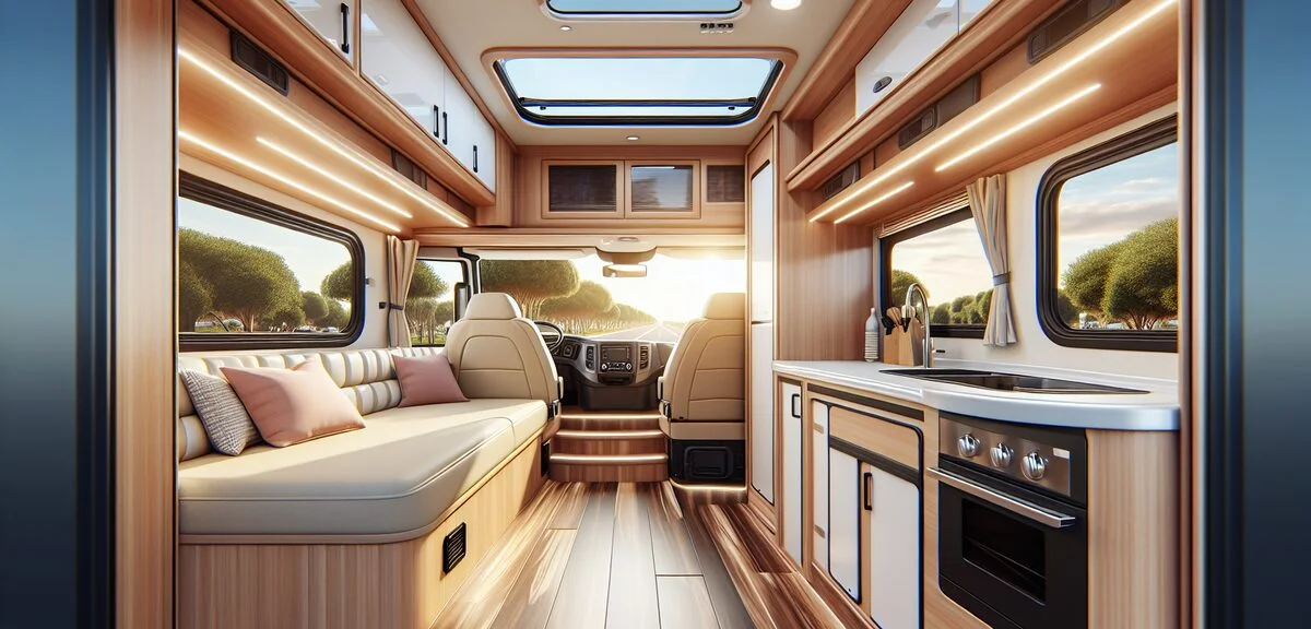 キャブコンキャンピングカーの車内、広々としたダイネット、常設ベッド、ギャレー、明るい内装、写実的、文字なし