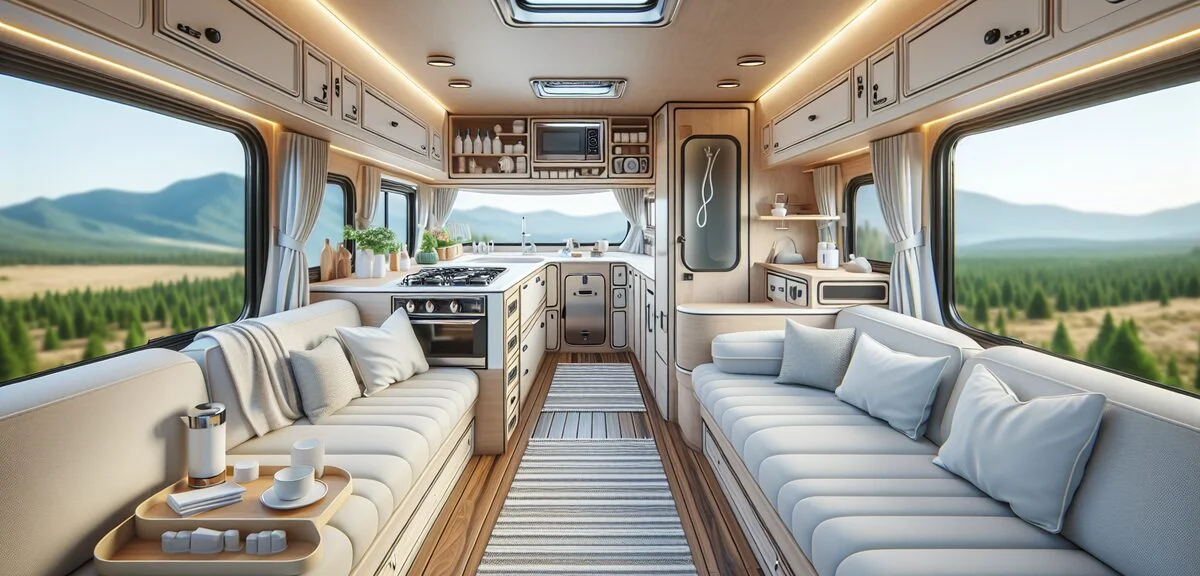 バスコンキャンピングカーの車内、広々としたリビングスペース、ソファ、本格的なキッチン、シャワールーム、高級感のある内装、写実的、文字なし