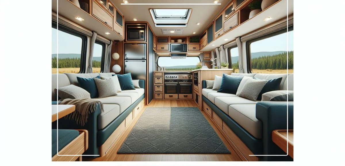 大型キャンピングカーの車内、豪華なリビングスペース、フルサイズキッチン、大型ソファ、常設ベッド、高級ホテルのような内装、写実的、文字なし