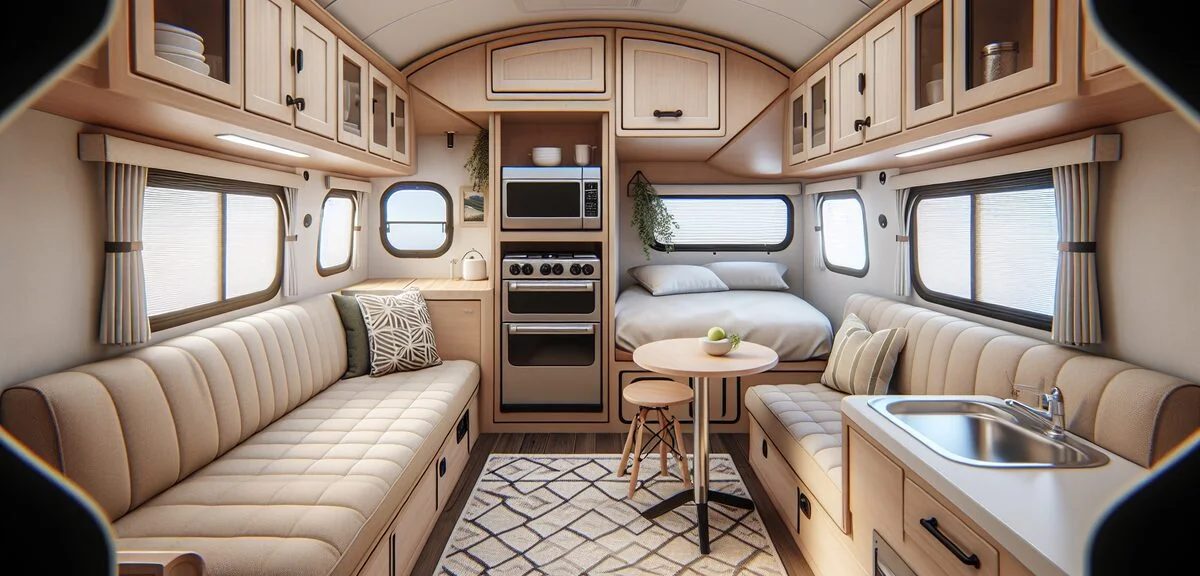 キャンピングトレーラーの車内、コンパクトなダイネット、ベッド、小型キッチン、明るい内装、写実的、文字なし