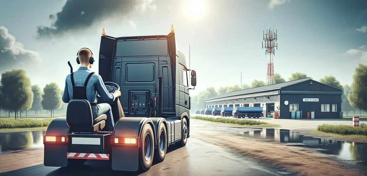 牽引教習中の風景、トレーラーをバックで操作している、教習所、晴れた日、写実的、文字なし