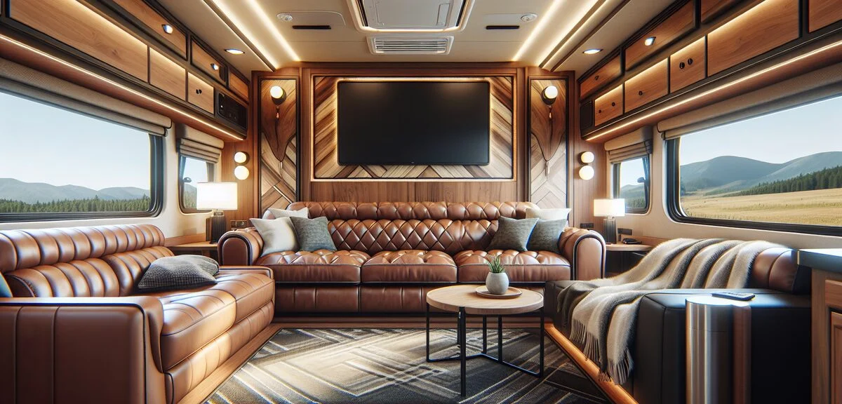 高級キャンピングカーの車内、本革ソファ、ウッド調の高級家具、間接照明、大型テレビ、ラグジュアリーな空間、写実的、文字なし