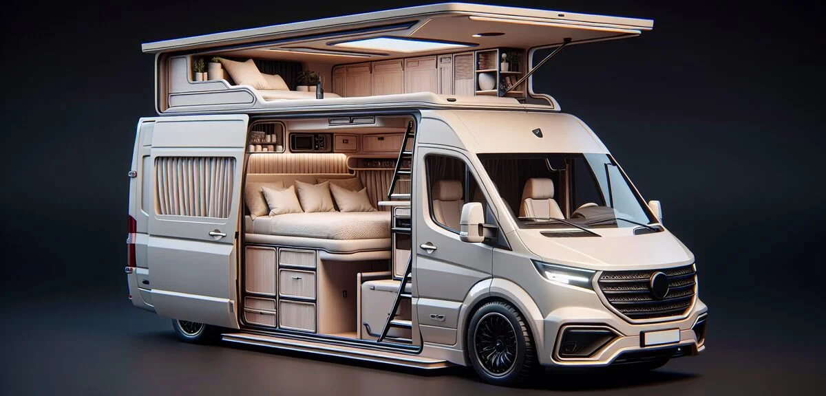 ベンツVクラス マルコポーロの車内、ポップアップルーフ展開、上部ベッド、キッチンユニット、高級感のある内装、写実的、文字なし