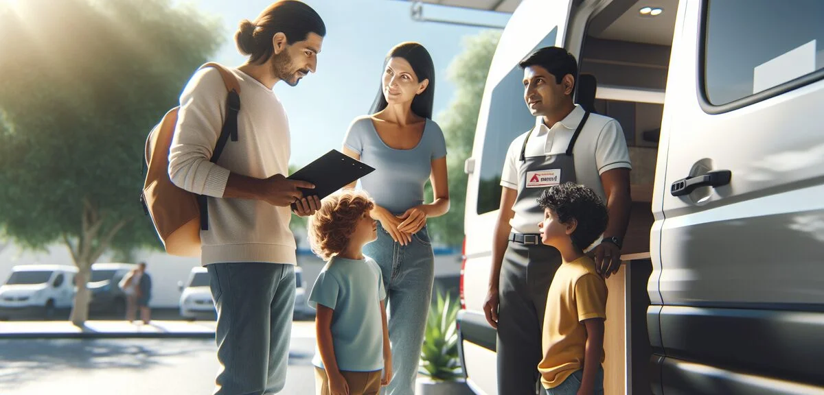 キャンピングカーのレンタル店でスタッフから説明を受けている家族、車内を覗いている、晴れた日の屋外、写実的、文字なし