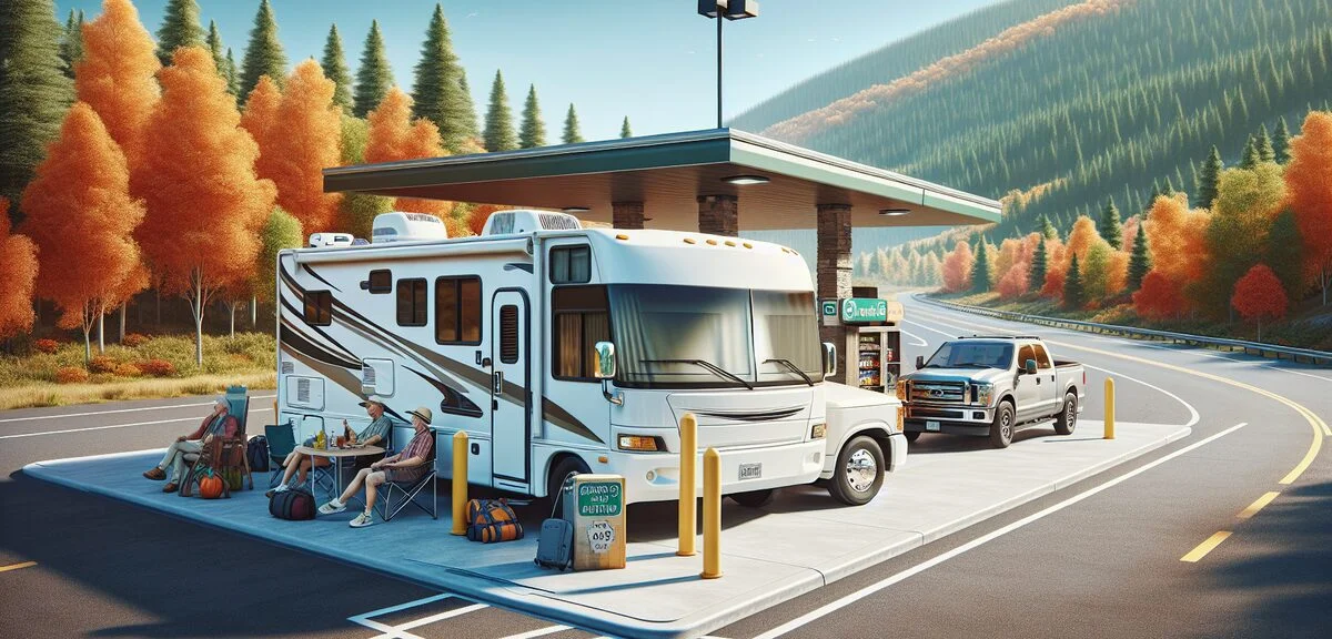 キャンピングカーが道の駅に停まっている風景、紅葉シーズン、快晴、旅行者が外でくつろいでいる、写実的、文字なし
