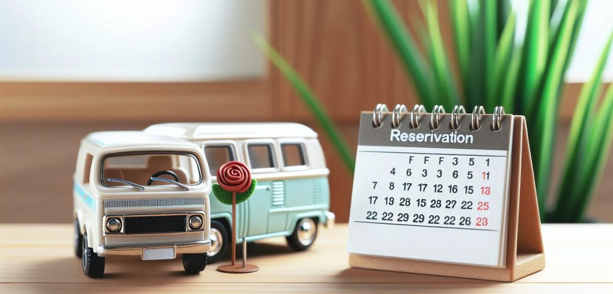 カレンダーとキャンピングカーのミニチュア、予約のイメージ、明るいデスク、写実的、文字なし