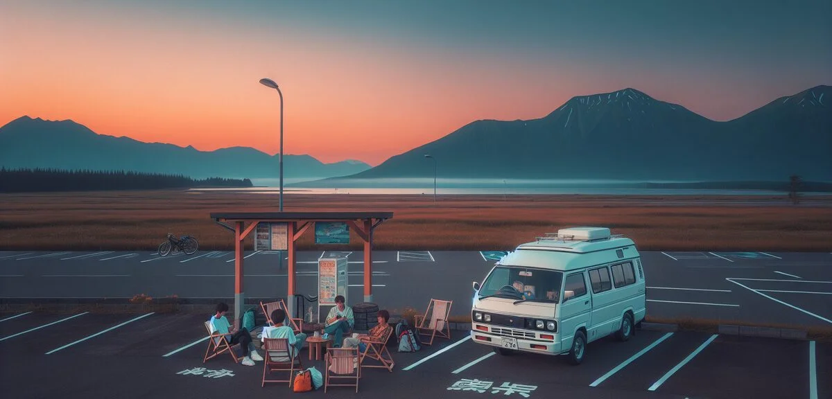 北海道の道の駅に停まるキャンピングカー、広大な景色、夕暮れ時、旅行者がくつろいでいる、写実的、文字なし