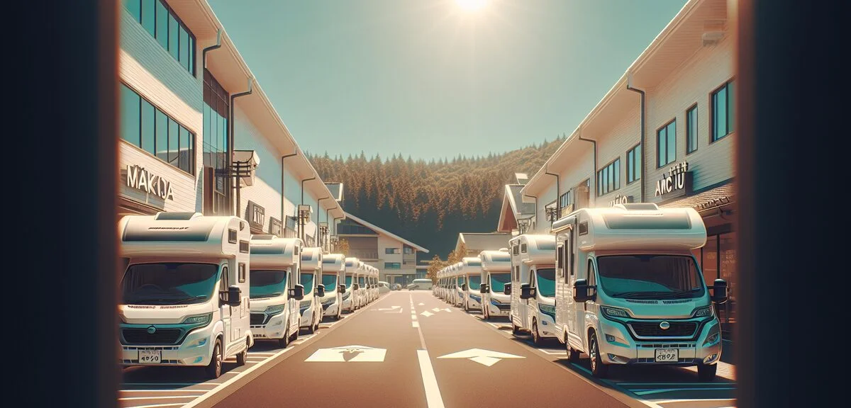 新千歳空港近くのキャンピングカーレンタル店、数台のキャンピングカーが並ぶ、晴れた日、写実的、文字なし