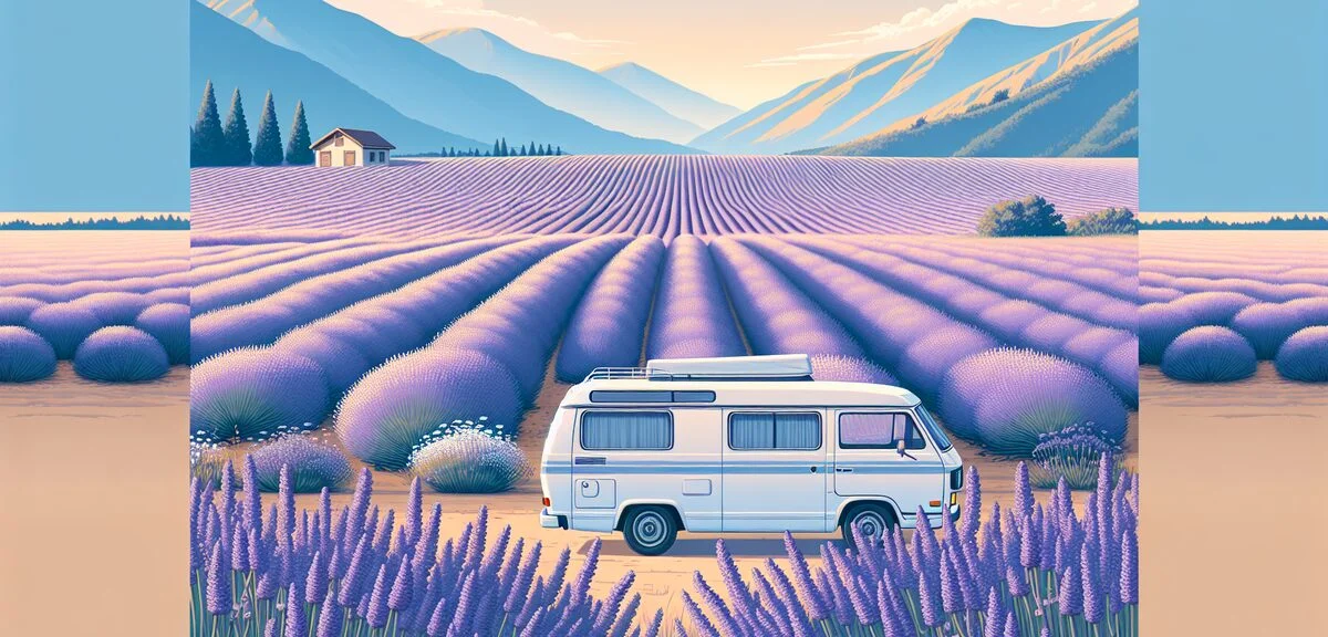 富良野のラベンダー畑を背景にしたキャンピングカー、紫の花畑、青空、夏の風景、写実的、文字なし