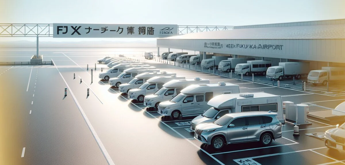 福岡空港近くのキャンピングカーレンタル店、数台のキャンピングカーが並ぶ、晴れた日、写実的、文字なし