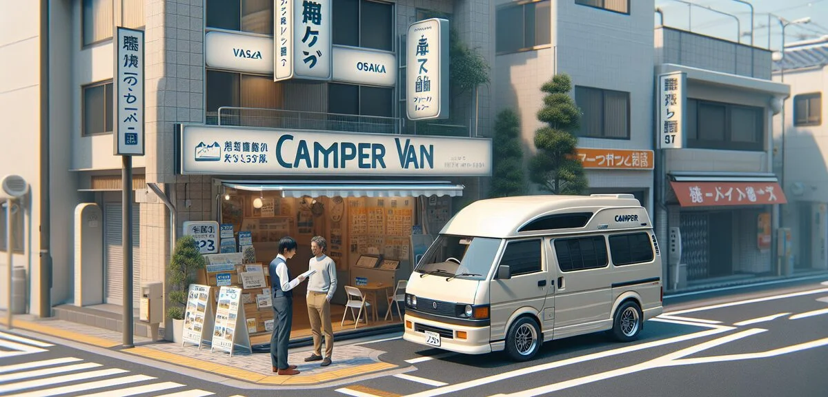 大阪のキャンピングカーレンタル店の前に停まるキャンピングカー、スタッフが説明している、晴れた日、写実的、文字なし