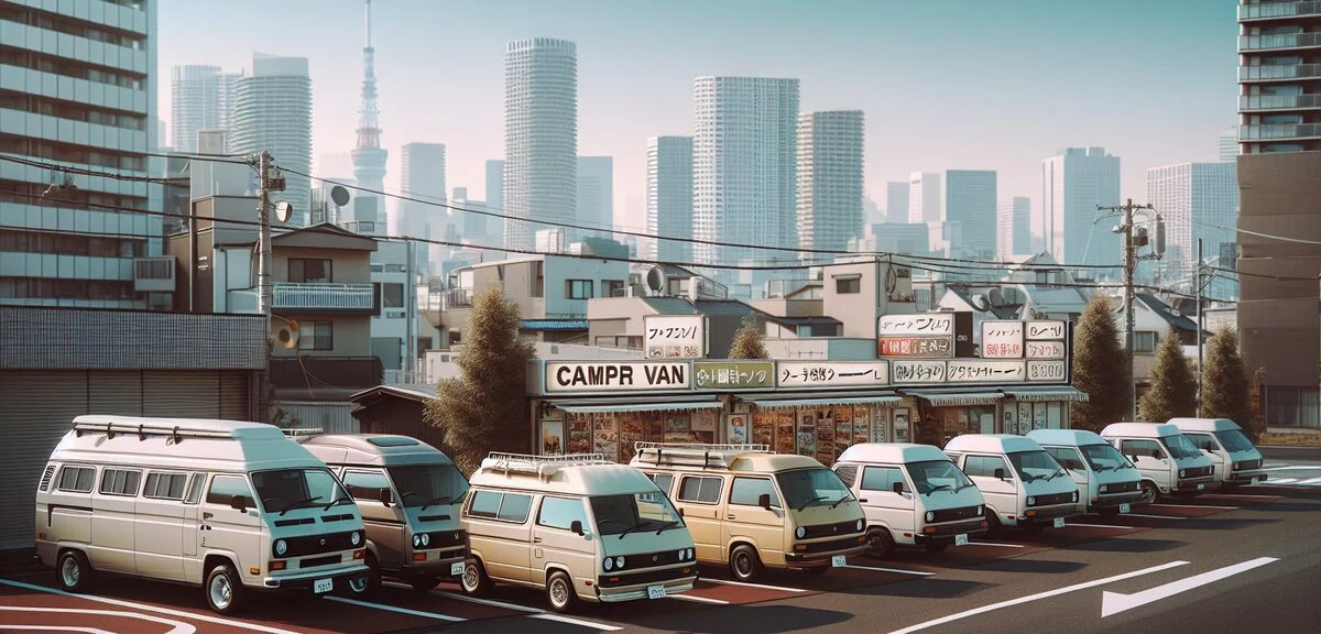 東京のキャンピングカーレンタル店、数台のキャンピングカーが並ぶ、都会の風景、晴れた日、写実的、文字なし