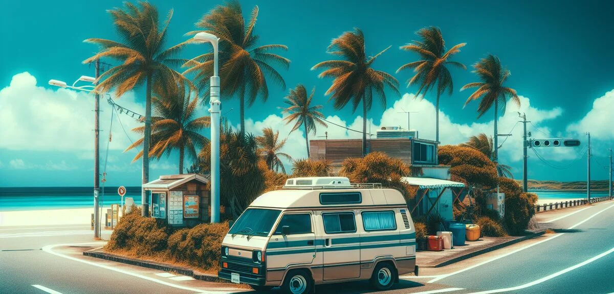 沖縄の道の駅に停まるキャンピングカー、青い空とヤシの木、南国の雰囲気、写実的、文字なし