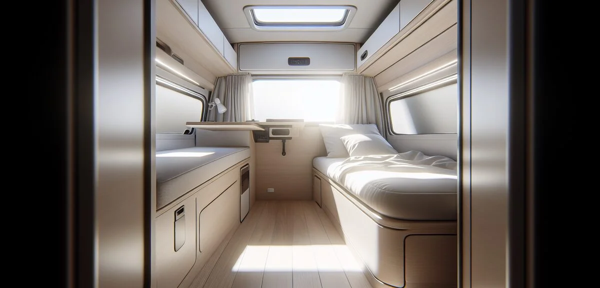軽キャンピングカーの車内、コンパクトな寝室スペース、シンプルな内装、明るい自然光、写実的、文字なし