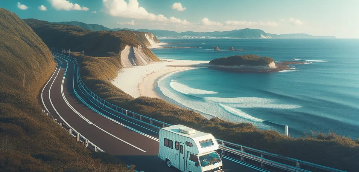 伊豆半島の海沿いを走るキャンピングカー、青い海と空、美しい海岸線、写実的、文字なし