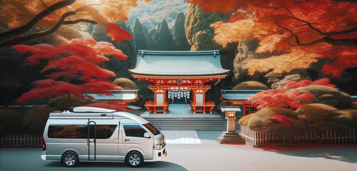 京都の神社の前に停まるキャンピングカー、紅葉の季節、美しい日本庭園、写実的、文字なし