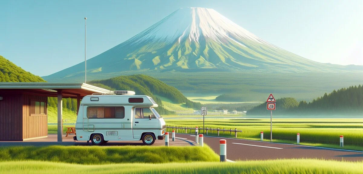 道の駅阿蘇に停まるキャンピングカー、阿蘇山を背景に、緑の草原、晴れた日、写実的、文字なし